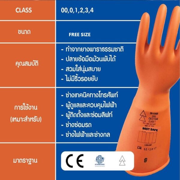 อุปกรณ์กันไฟฟ้าแรงสูง : ถุงมือกันไฟฟ้าแรงสูงคุณภาพสูงมาตรฐานยุโรป